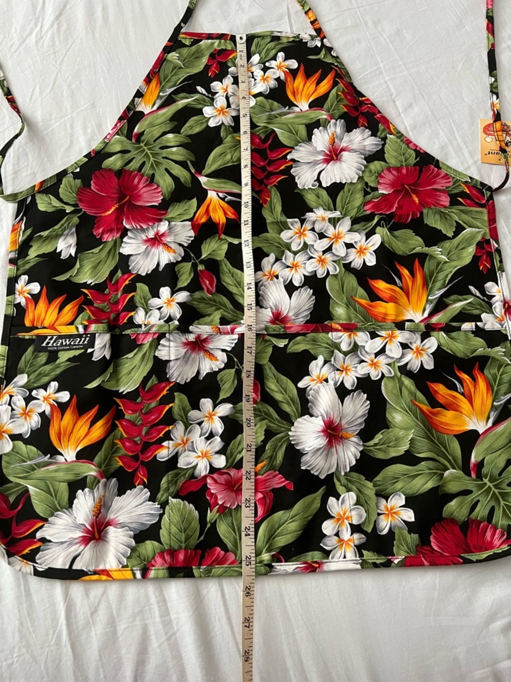 Hawaiian Floral Apron - Black Background with Red, White & Orange Blooms